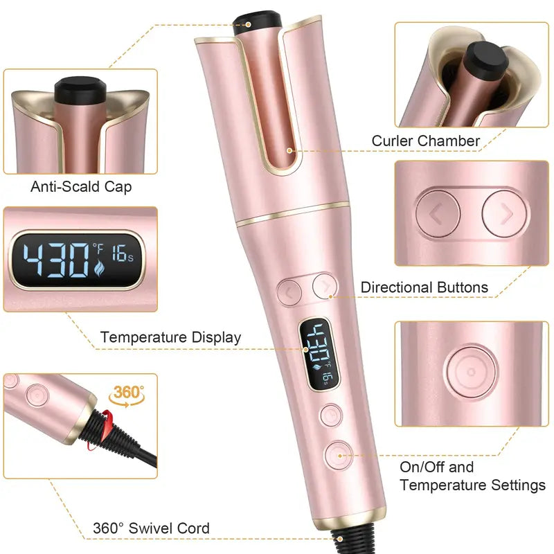 AutoCurl Pro™ – 4-Speed Automatic Rotating Curling Iron with LCD Display | Dual Voltage, Anti-Tangle Smart Spin Hair Wand for Effortless Styling